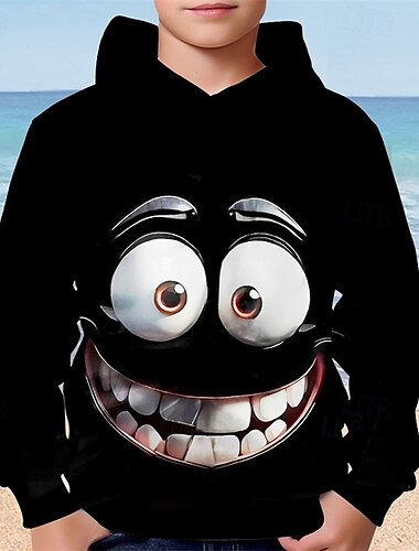  pojkar tecknad rolig leende ansikte huvtröja långärmad 3D-tryck höst vinter mode streetwear barn 4-12 år huva utomhus casual daglig normal passform