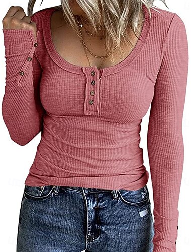  Dame Bluse Helfarge Stilfull Fritid Langermet Øsehals Vanlige topper Daglig Knapper Svart Rosa Aprikos Grå Vår Høst Vinter