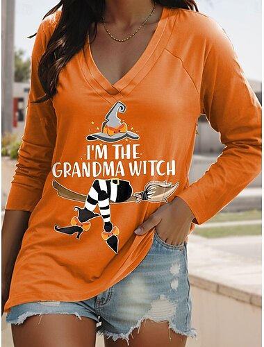  Halloween Frauen T-Shirt Langarm V-Ausschnitt Langarm Grafik Lässig Buchstaben Hexe Vintage Stilvoll Klassische Regelmäßige Oberteile Täglicher Druck Blau Lila Orange Grün Frühling Herbst Vorherbst