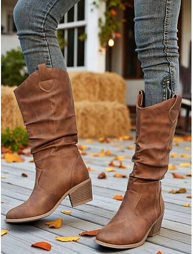  Bottes mi-mollet souples marron pour femmes – Bottes western à talons épais pour la mode d'automne, les événements en plein air et les journées décontractées