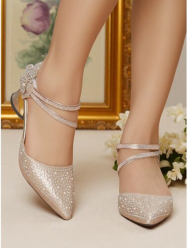  Escarpins à talons bas et bout pointu en strass pour femmes, chaussures élégantes pour soirées cocktail