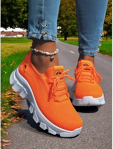  حذاء رياضي نسائي للجري من Flyknit باللون البرتقالي اللامع - حذاء مشي برباط قابل للتهوية للياقة البدنية والسفر والمهام اليومية