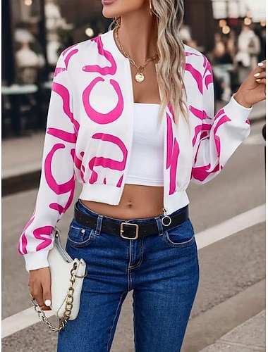  Dámské Neformální bunda Pohodlné Prodyšné Zip Tisk Na běžné nošení Pouliční styl Geometrický Dovolená ulice Ležérní Denní nošení Zip Krátké Stojáček Volný Dlouhý rukáv Svrchní oděvy Černá Bíl