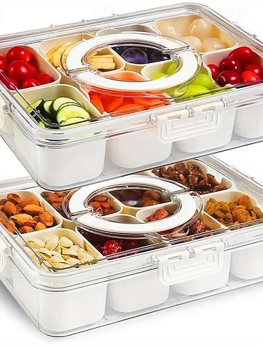 1/2 יחידות קופסת חטיפים מחולקת מגש חטיפים עם מכסה וידית, מיכל שקוף נייד בן 8 תאים לפירות, ירקות, סלטים, אידיאלי לנסיעות, קמפינג ופיקניק