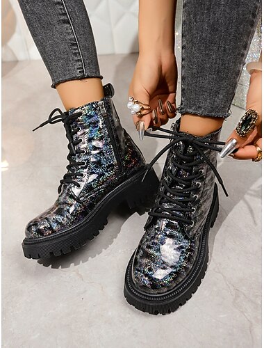  Dámské Boty Obuv military styl Streetwear hudební festival Zip Blokovat patu Oblá špička Punk Umělá kůže Zip Černá