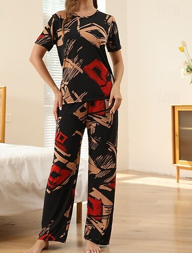  Naisten EU / US-koko Yöpuvut loungewear 2 osainen Vapaa-aika Mukavuus Painettu Satiini Silky Pyjama Pyjama Saumattomat Housut Päivittäin Koti Lyhyet housut Tiukka pyöreä kaula-aukko Musta Kesä Kevät