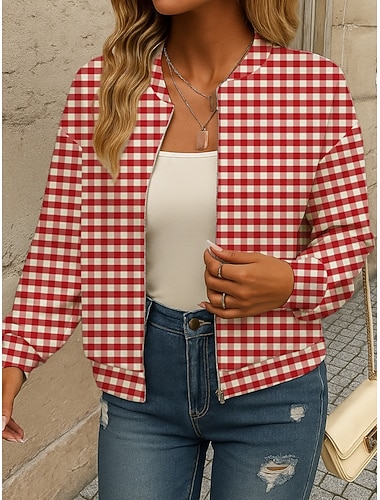  Women's Bomber Jacket Casual Jacket Comfortable Breathable Zipper Pocket Print Casual Plaid Vacation Street Casual Daily Wear Zipper Regular Stand Collar Loose Fit Long Sleeve Outerwear Black White