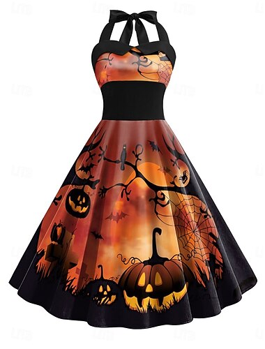  Halloween Жен. Платье средней длины Платье A-силуэта Отпуск На каждый день Повседневные Праздники Стандартный Тыква SPIDER Без рукавов НАЙКА НЕКО Черный Желтый Оранжевый Серый Лето Весна Осень