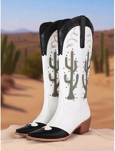  bottes de cowboy western pour femmes avec broderie cactus, bout pointu et talon épais pour rodéos et festivals western