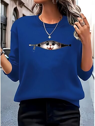  女性用 プルオーバースウェットシャツ グラフィック 動物 猫 あたたか 活発的 ヴィンテージ 長袖 クルーネック レギュラートップス ストリート 日常着 カジュアル パッチワーク プリント ブラック ルビーレッド ブルー ライト 春 秋 冬