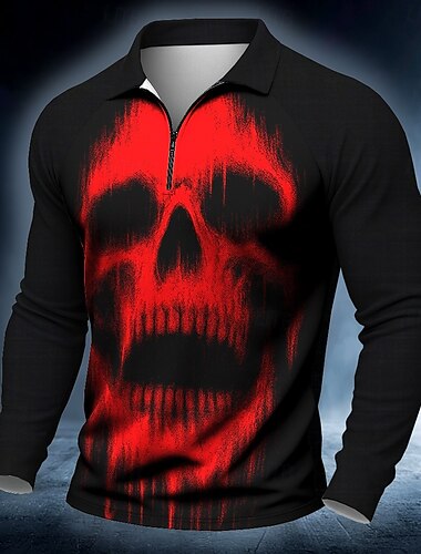  Halloween Homme Crânes Polo manche longue Polos Occasionnel Sombre Extérieur Rue Tenue quotidienne Impression 3D Polo à fermeture éclair 1/4 Printemps Automne Hiver Blanche Rouge Bleu