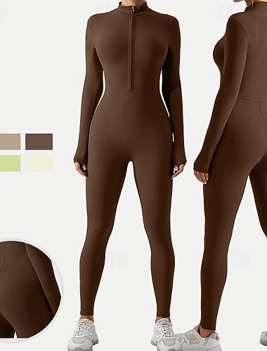  Per donna Tuta da allenamento Tuta intera Con zip Tinta unica Body Nero Bianco Palestra Pilates Yoga Controllo addominale Manica Lunga Sport Abbigliamento sportivo Vestibilità aderente