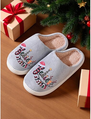  Grijze kerstpantoffels voor dames met pluche voering en believe-print – warme binnenschoenen voor feestdagen, winter en familiebijeenkomsten