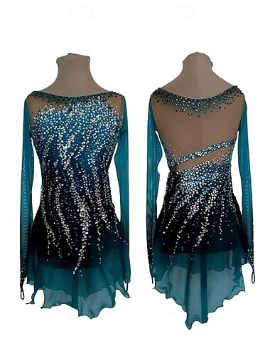  Kunstschaatsjurk Dames Voor meisjes Schaatsen Jurken Zwart / blauw Lapwerk Duimopening Netstof Spandex Hoge Elasticiteit Opleiding Wedstrijd Kunstschaatskleding Klassiek Kristal / Bergkristal Lange