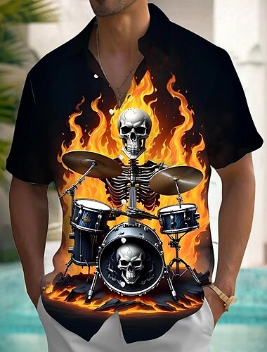  Halloween Ανδρικά Νεκροκεφαλές Φλόγα Κοστούμια Halloween Πουκάμισο Πουκάμισο με κουμπιά Κοντομάνικο Σκούρο γοτθικό στυλ Αργίες Καλοκαίρι Άνοιξη Απορρίπτω 3D