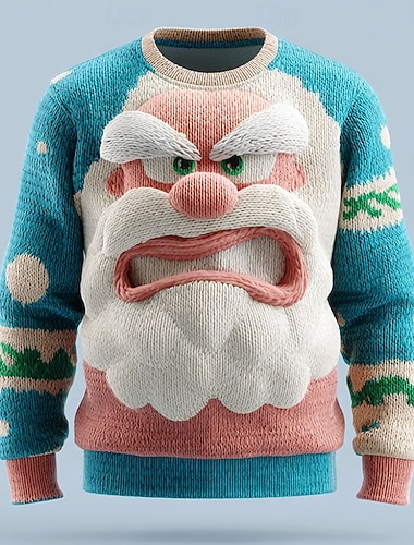  Stygg julegenser Herre julenissen 3D-tegneseriefigur Pullover genser Strikketøy Crewneck Fritid Feriereise Daglig 3D-utskrift Strikking Hold Varm Langermet Vår Høst Vinter Sjø blå Rød Blå