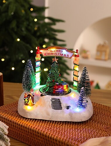  1 stk. 19 * 16 cm juleharpiks musikkbokspynt julehus europeisk stil snøhus julenissen juletre musikk LED-lys aaa-batteri eller usb strømforsyning dobbel bruk modell