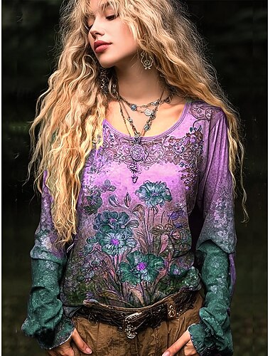  Dame Plusstørrelser T-shirt Blomstret Grafisk Planter Basale Langærmet Rund hals Almindelige toppe Daglig I-byen-tøj Weekend Trykt mønster Lilla Orange Grøn Sommer Forår Efterår