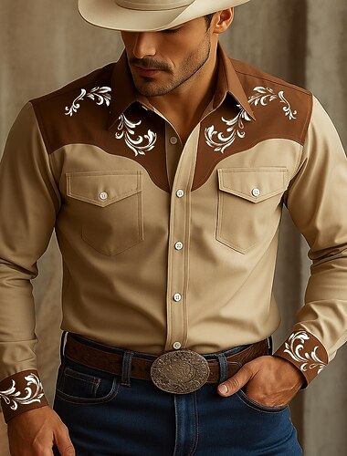 Homens Camisa Social camisa ocidental Camisa de caubói Manga Longa Vintage estilo ocidental Ao ar livre Férias Rua Outono & inverno Aberto para a Lateral Botões Imprimir Marron