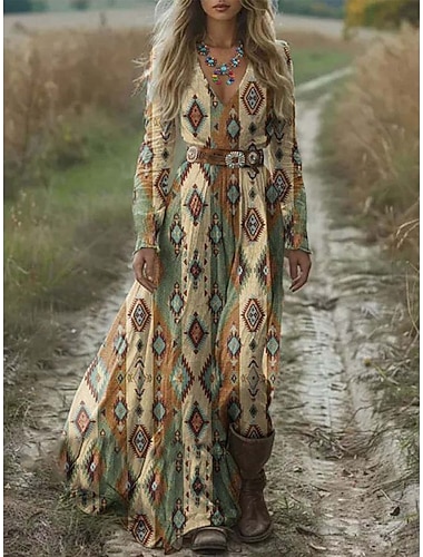  女性用 マキシドレス A ラインドレス プリーツドレス フィット＆フレアドレス 旅行度假风 カジュアル ボヘミアン デート お出かけ レギュラー フラワー グラフィック 幾何学模様 長袖 Ｖネック ブルー ライトグリーン グレー 春 秋 冬