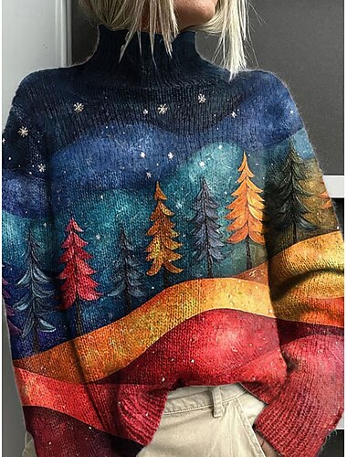  Damen Pullover Elegant Mode Streetwear Grafik Weihnachtsbaum Rollkragen Gestrickt Langarm Normale Oberteile Stricken Arbeit Ausgehen Blau Herbst Winter