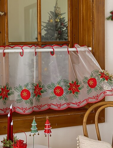  クリスマスの赤いハーフカーテン、アメリカンスタイルのドアカーテン、カフェカーテン、刺繍レースの半遮光窓装飾、ホリデーデコレーション用