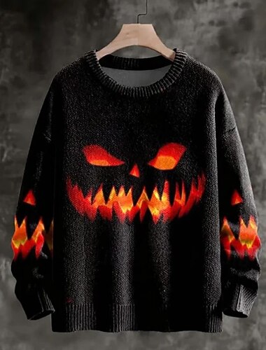  Hombre Suéter de punto Estriado Tejer Tops regulares De Punto Estampado Calabaza Cuello Barco Víspera de Todos los Santos Vacaciones Ropa Cotidiana Ropa hombro caído Otoño Invierno Negro S M L