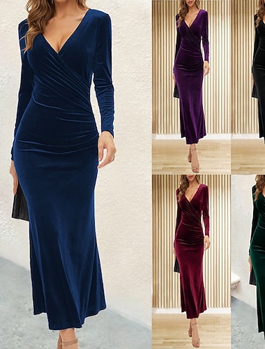  Női Hosszú ruha Maxi ruha Karácsonyi ruha Bársony ruha Báli ruha Party ruha Elegáns Modern Parti Estély Randi Normál Tyúklábminta Sima Hosszú ujj V-alakú Fekete Bor Bíbor Tavasz Ősz