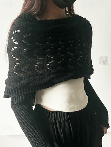  Damen Pullover Schultertuch Streetwear Lässig Einfarbig U-Boot-Ausschnitt Ausgehöhlt Gestrickt Langarm Crop Tops Stricken Ferien Ausgehen Wochenende Weinrot Schwarz Herbst Winter