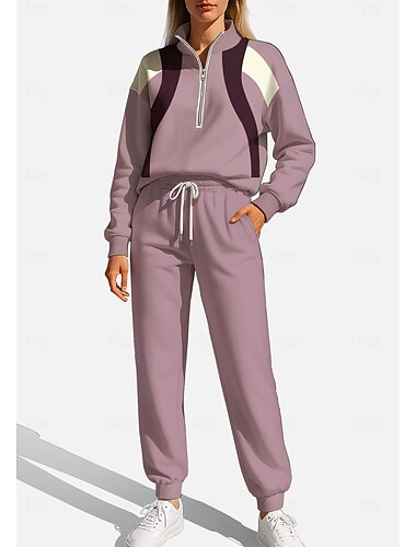  Damskie Bluza dresowa Dres Bluza Wiosna Ściągana na sznurek Zamek Geometryczny Rozpinana bluza i spodnie dresowe Zestaw odzieży sportowej Różowy Codzienny Trening Na zewnątrz Miękka Workowaty Długi