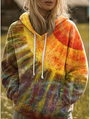  Women's Pullover Hoodie Sweatshirt Graphic Geometric Casual Boho Long Sleeve Hooded Regular Tops Street Dailywear Print Front Pocket Red Light Purple Purple Orange Green Fall Winter