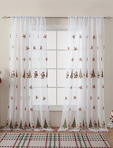  Gjennomsiktige julegardiner, broderte vindusgardiner i amerikansk stil, klokke- og snøfnuggdesign, ferdiglaget hjemmedekorasjon