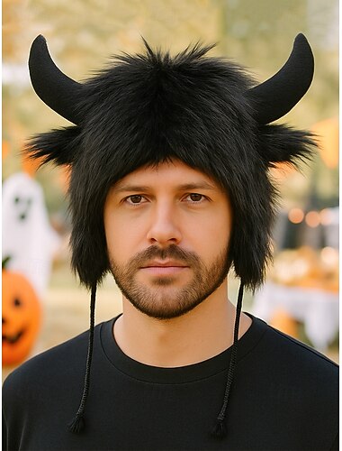  unisex halloween pluche hoorn hoed - harige viking stier kostuum muts met warme voering voor mannen en vrouwen cosplay, feest en winterkleding