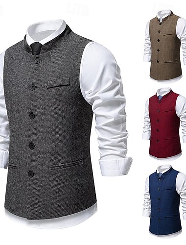  בגדי ריקוד גברים וסט חֲזִיָה Gilet חופשה מפלגה עֵסֶק אופנתי יום יומי אביב סתיו כיס כפתורים פוליאסטר נוח משובץ פס חזה יחיד כפתור יחיד עומד רגיל יין כחול נייבי אפור כהה קפה אֵפוֹד