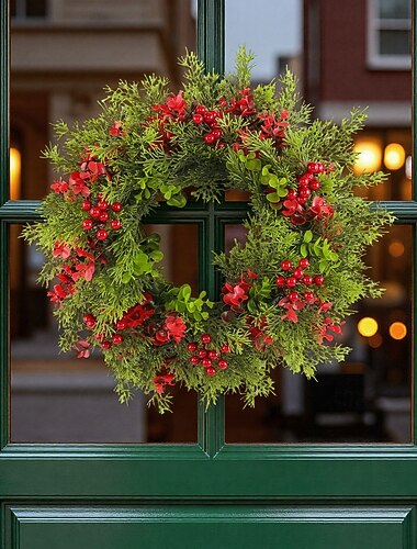  wieniec świąteczny na drzwi wejściowe, do wewnątrz &dekoracja zewnętrzna, sztuczny eukaliptus z czerwonymi jagodami i girlandą z igieł sosnowych, świąteczna dekoracja wisząca na ścianę, drzwi i okno