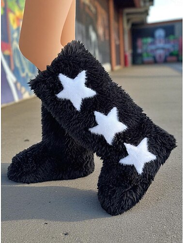  Roze harige sterlaarzen voor dames - y2k kawaii kniehoge pluche schoenen voor kpop streetwear, muziekfestivallooks en tiktok-outfits