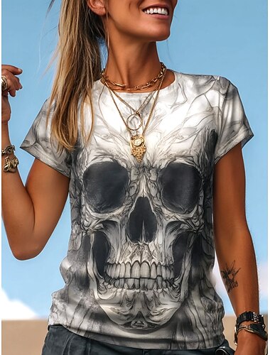  T-Shirt Γυναικών Halloween με Γραφικά Κρανίων Βιντάζ Μόδας Στυλάτο Μικρά Μανίκια Στρογγυλή Λαιμόκοψη Κανονικά Μπλουζάκια Καθημερινό Σαββατοκύριακο Τύπωμα Μαύρο Λευκό Ανοιχτό Γκρι Γκρι Φθινόπωρο
