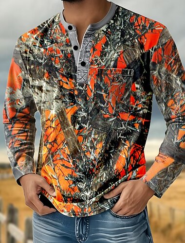  Муж. Геометрический принт Рубашка Хенли футболка футболка Длинный рукав Ретро На каждый день Повседневные Весна Осень Синий Лиловый Оранжевый Хенли Футболка Хенли