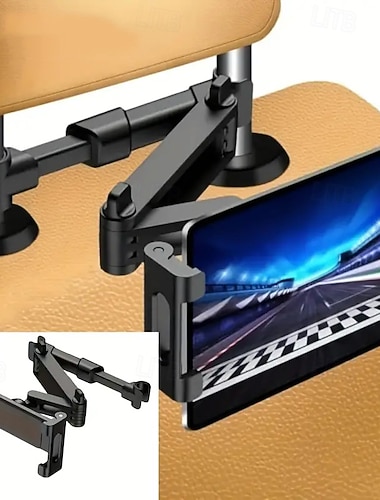  Автомобильный держатель для планшета «3 в 1» на подголовник с вращением на 360 градусов и регулируемым удлинителем — складная конструкция, надежное крепление с зажимом, совместимо с iPad Pro/Air/Mini