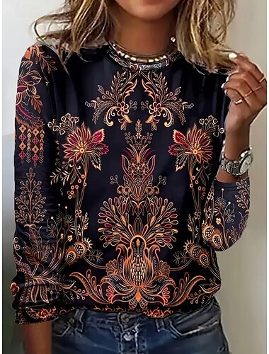  Damskie Podkoszulek Ombre Graficzny Geometryczny Zabytkowe Elegancki Klasyczny Długi rękaw Półgolf Okrągły dekolt Zwykłe topy Codzienny Nadruk Czarny Czerwony Brudny błękit Pomarańczowy Zielony
