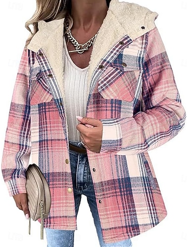  Dam Sherpajacka Bekväm Andningsfunktion Ficka Knappar Ledigt Slät Semester Gata Ledigt Dagliga kläder Enkelknäppt Normal Huva Normal Långärmad Ytterkläder Ljusblå Marin Rodnande Rosa Vår Höst