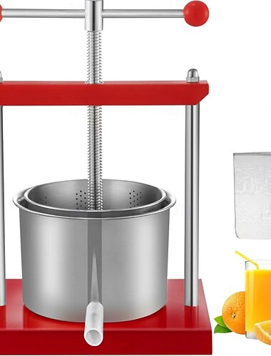  viininpuristin rypälepuristin viininvalmistukseen, viinipuristinkone kahdella ruostumattomasta teräksestä valmistetulla tynnyrillä, viinijuusto-hedelmä-vihannestinktuurapuristin voimapallokahvalla