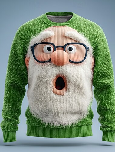  Stygg julegenser Herre julenissen 3D-tegneseriefigur Pullover genser Strikketøy Crewneck Fritid Feriereise Daglig Festival 3D-utskrift Hold Varm Langermet Høst Vinter Svart Rød Grønn
