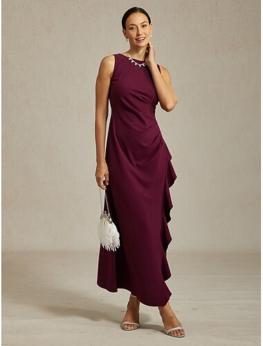  Per donna Abito maxi Tubino Abito Pieghettato Abito con balze Elegante Festa Abiti semi formali Ospite di nozze Festa serale Laurea Tinta unica Senza Maniche Girocollo Scollo a Barca Borgogna Estate