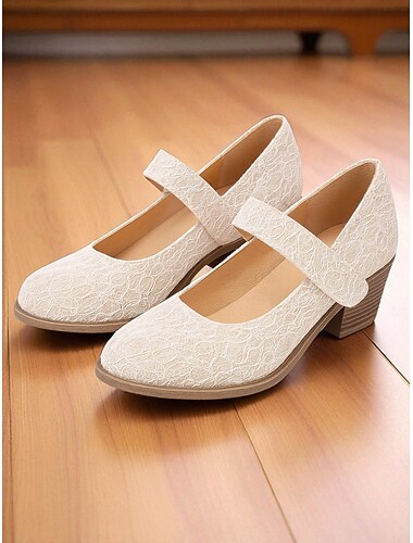  Damenschuhe mit Mary-Jane-Blockabsatz und strukturierter Spitze – Vintage-Pumps mit Klettverschluss für Büro, Reisen und den Alltag