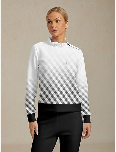  Mulheres Moletom Preto Manga Longa Blusas Roupas femininas de golfe, roupas, roupas, roupas
