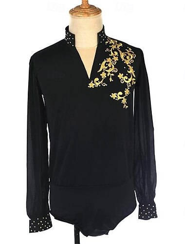  Kunstschaatstopje Voor heren Jongens Schaatsen Tops Zwart Lapwerk Spandex Hoge Elasticiteit Opleiding Wedstrijd Kunstschaatskleding Klassiek Kristal / Bergkristal Lange mouw Schaatsen Kunstschaatsen