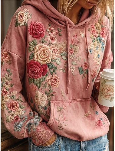  Kvinnors 3D-tryck Vintage Boho Hoodie Patchwork Hoodie Sweatshirt Blommig Viking Pullover Sweatshirt Avslappnad Långärmad Huvtröja Gata Patchwork-tryck Framtill Ficka Lila Vår Höst Vinter