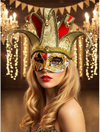  Venezianische Narrenmaske für Damen mit Goldrand und Glöckchen, Maskenkostüm-Accessoire im Barockstil für Halloween-Partys