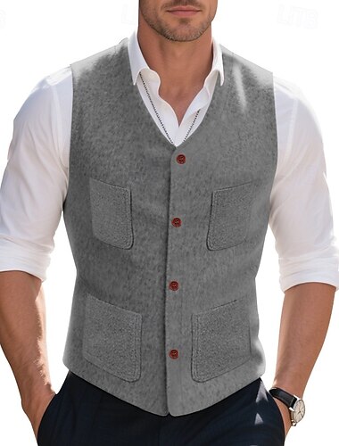  Herren Weste Gilet Urlaub Party Geschäft Mode Lässig Frühling Herbst Tasche Knöpfe Polyester Bequem Einfach Einreihig Ein-Knopf V Ausschnitt Normale Passform Schwarz Grau Weste